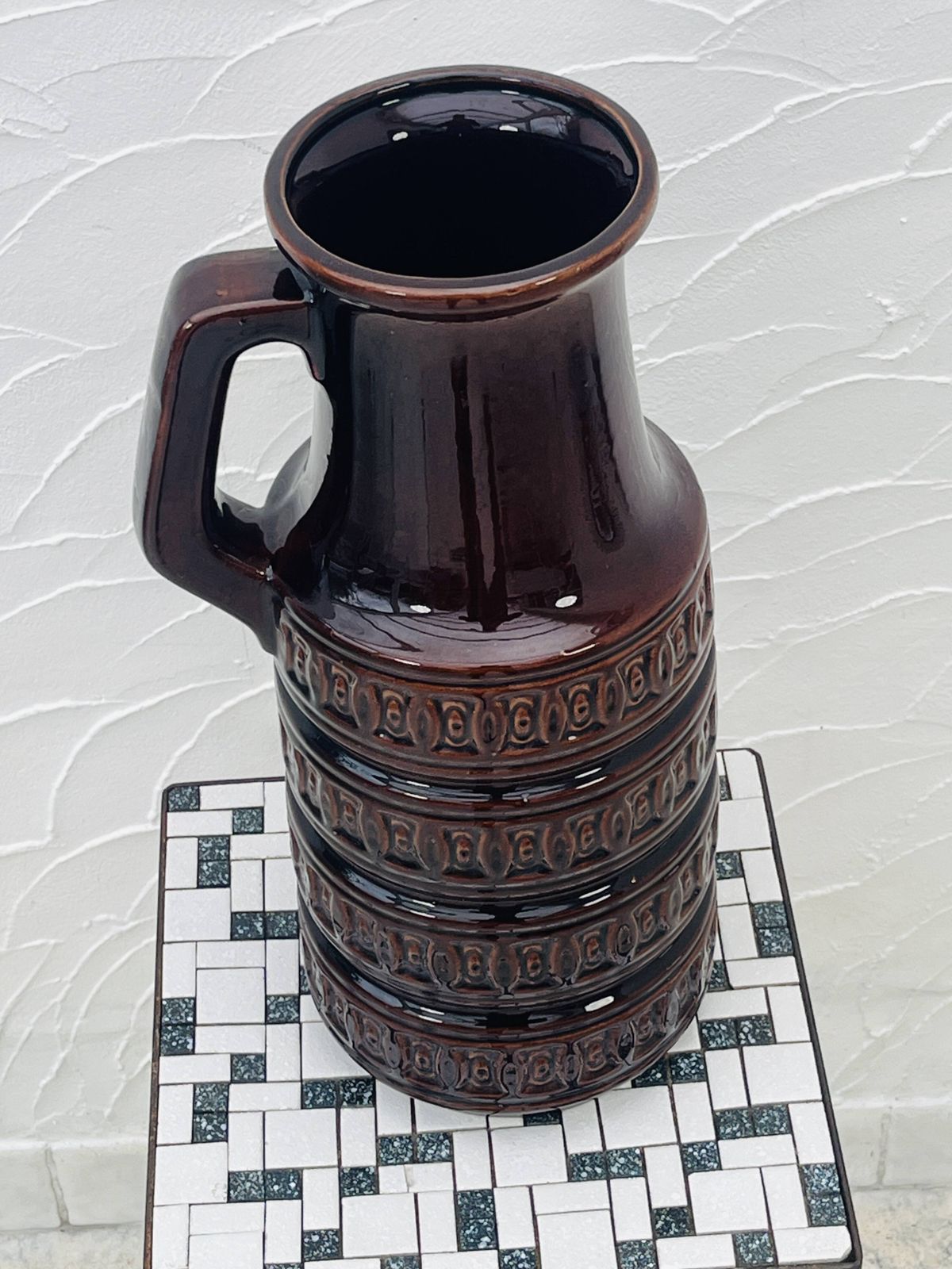 Brown Vase With Geometric Relief From The 1970s, West Germany photo vintage