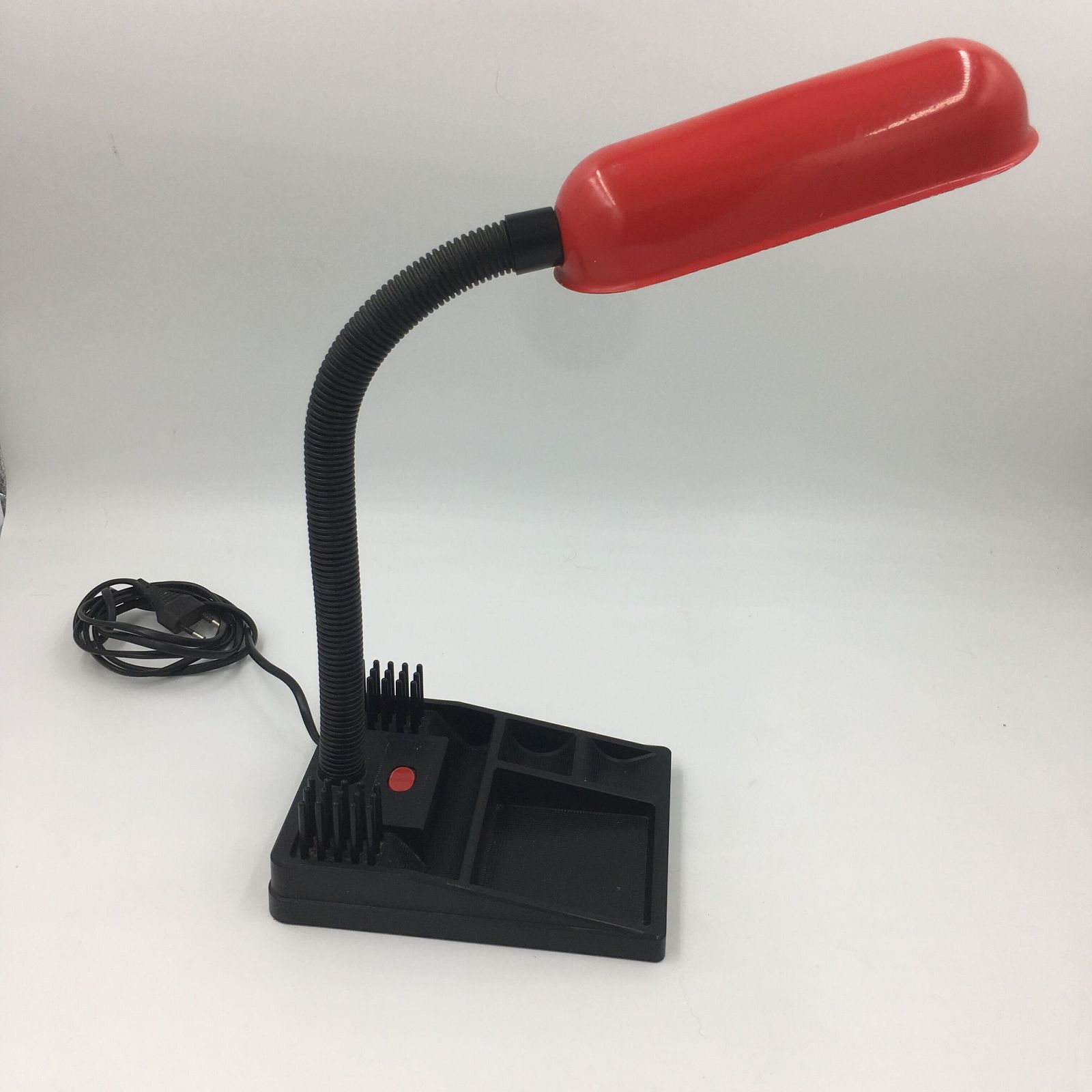 Duo Of Red And Black Flexible Desk Lamps With Pencil Holder photo for sale