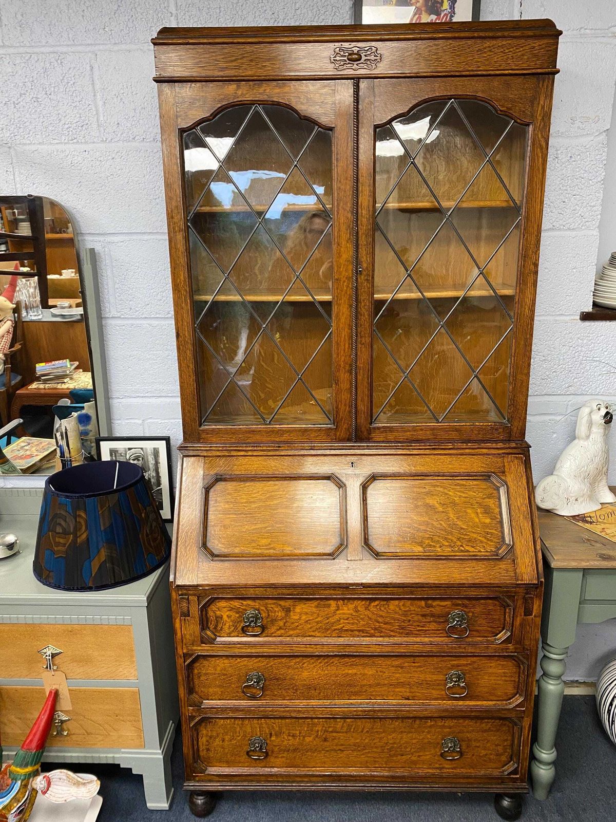 Edwardian Antique Oak Bureau Glazed Bookcase photo furniture