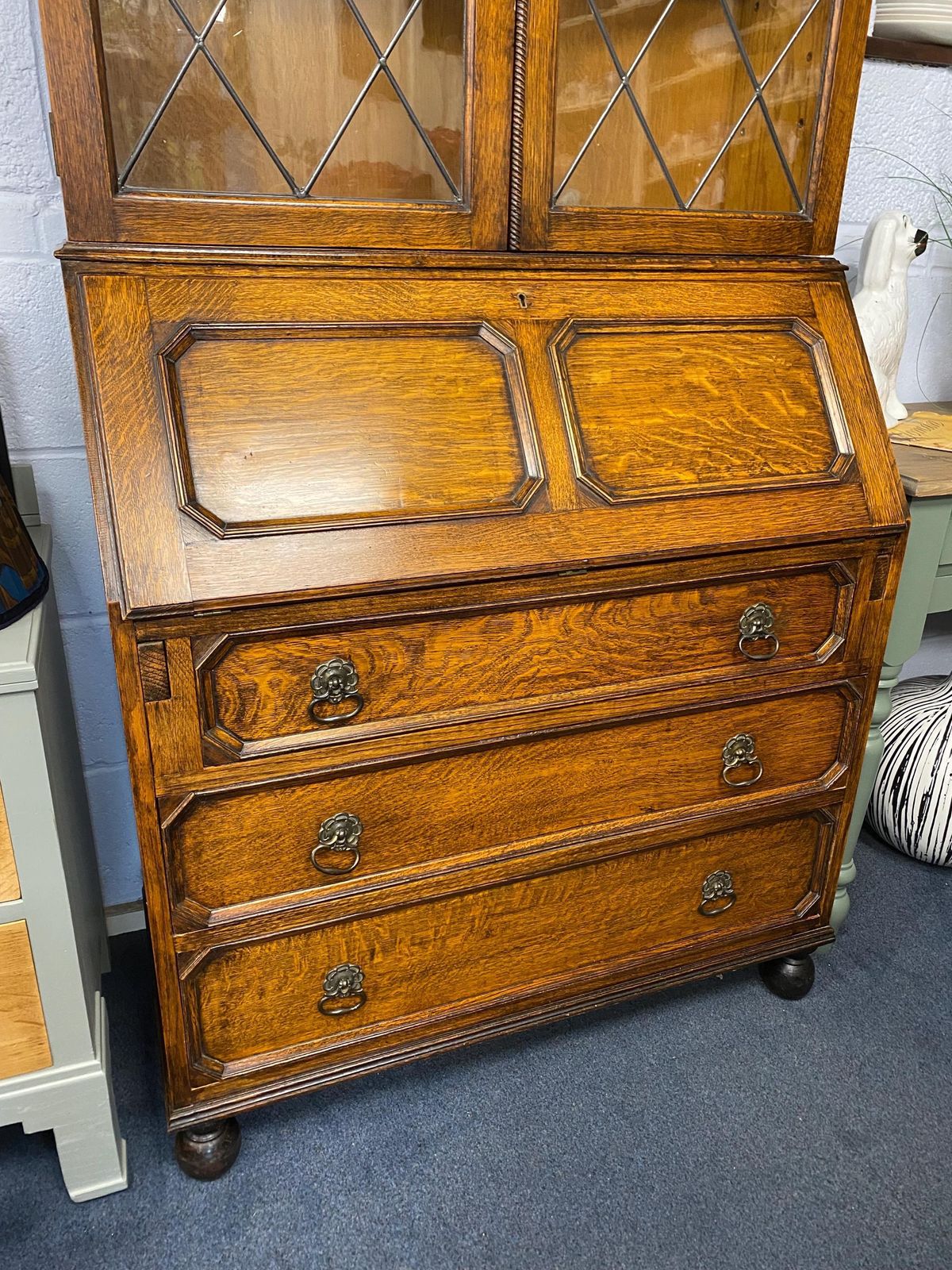 Edwardian Antique Oak Bureau Glazed Bookcase photo vintage