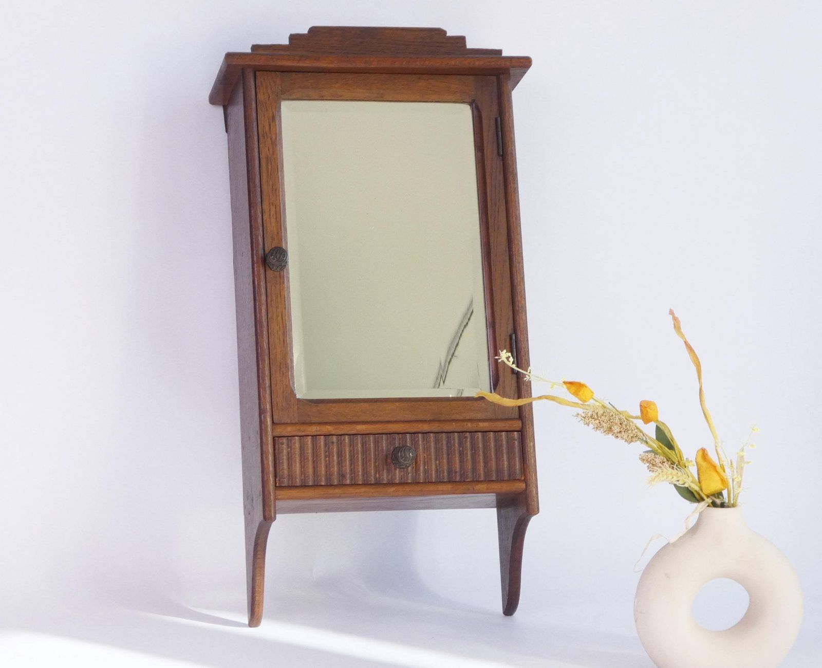 Antique Art Deco Wooden Wall Cabinet With Beveled Mirror, Medicine Apothecary With Drawer And Shelf, Small Chest, Farmhouse Decor photo furniture
