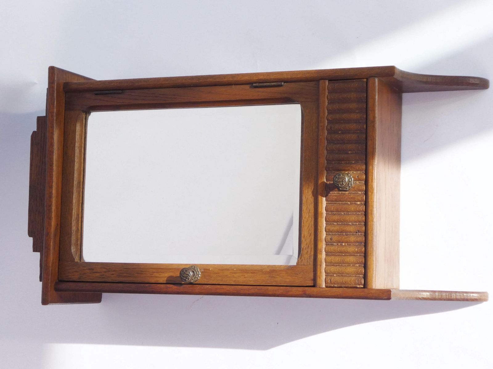 photo for sale Antique Art Deco Wooden Wall Cabinet With Beveled Mirror, Medicine Apothecary With Drawer And Shelf, Small Chest, Farmhouse Decor