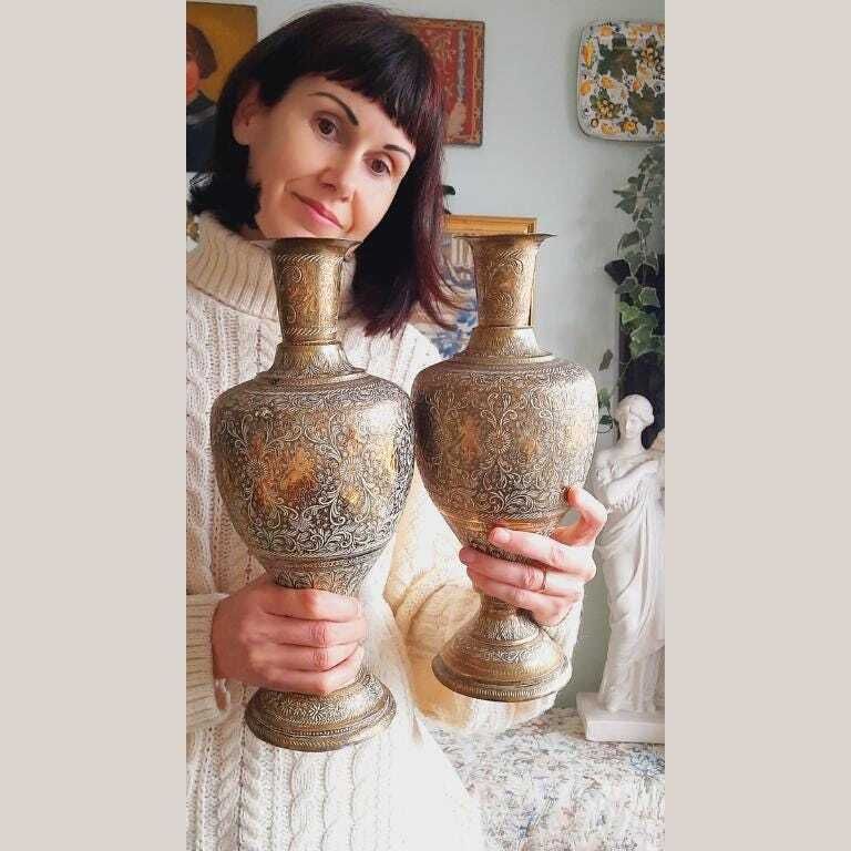 Large Pair Of Truly Antique Indian Brass Vases With Figural And Floral Hand Engraved Decoration 14.5'' Tall Vintis      5 Out Of 5 Stars     Dispatche photo furniture