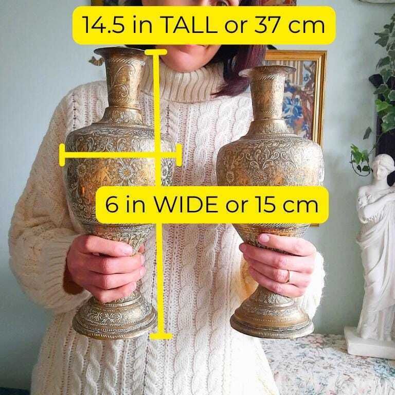 Large Pair Of Truly Antique Indian Brass Vases With Figural And Floral Hand Engraved Decoration 14.5'' Tall Vintis      5 Out Of 5 Stars     Dispatche photo for sale