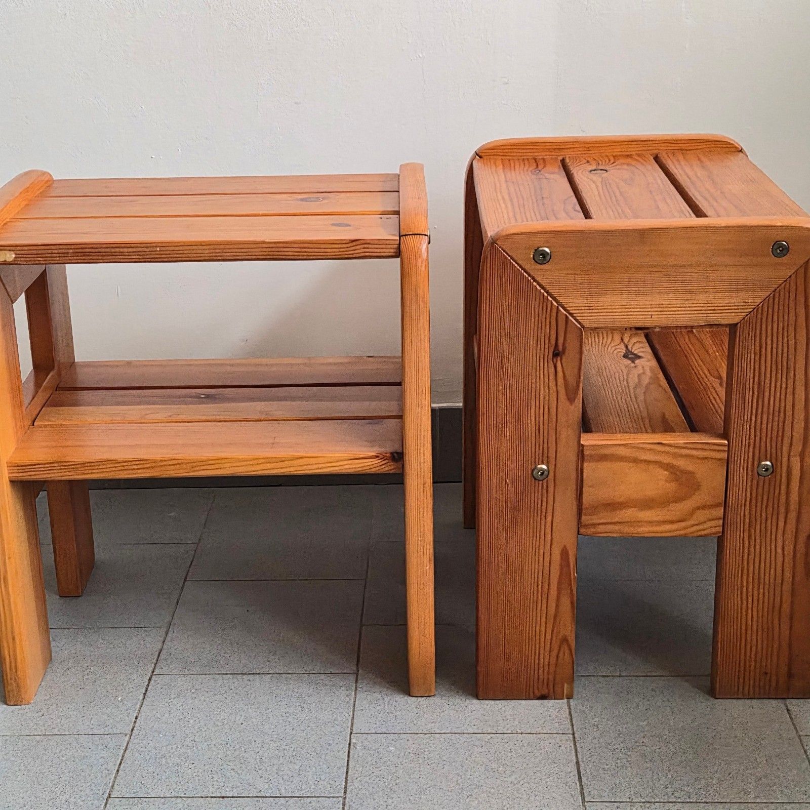 Suite Of 4 Side Tables Bedside Tables Luggage Rack Stools Vintage 1970 Pine photo for sale