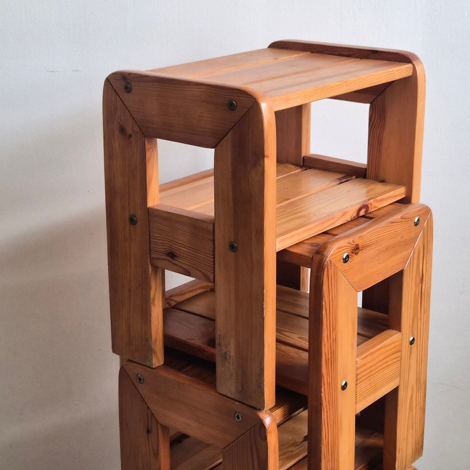 584.0 Suite Of 4 Side Tables Bedside Tables Luggage Rack Stools Vintage 1970 Pine photo