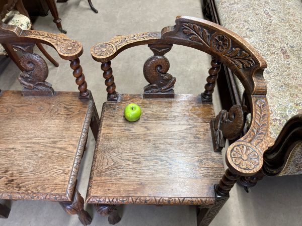 A Fine Pair Of Victorian Carved Oak Chairs photo for sale
