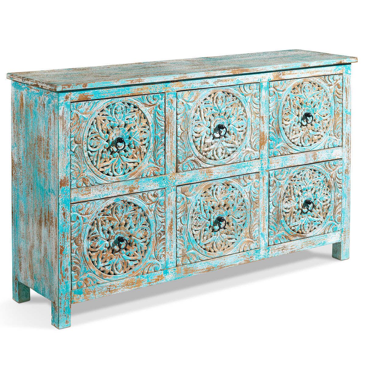 Carved Distressed Blue Six Drawer Chest