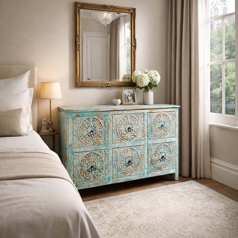 Carved Distressed Blue Six Drawer Chest photo furniture