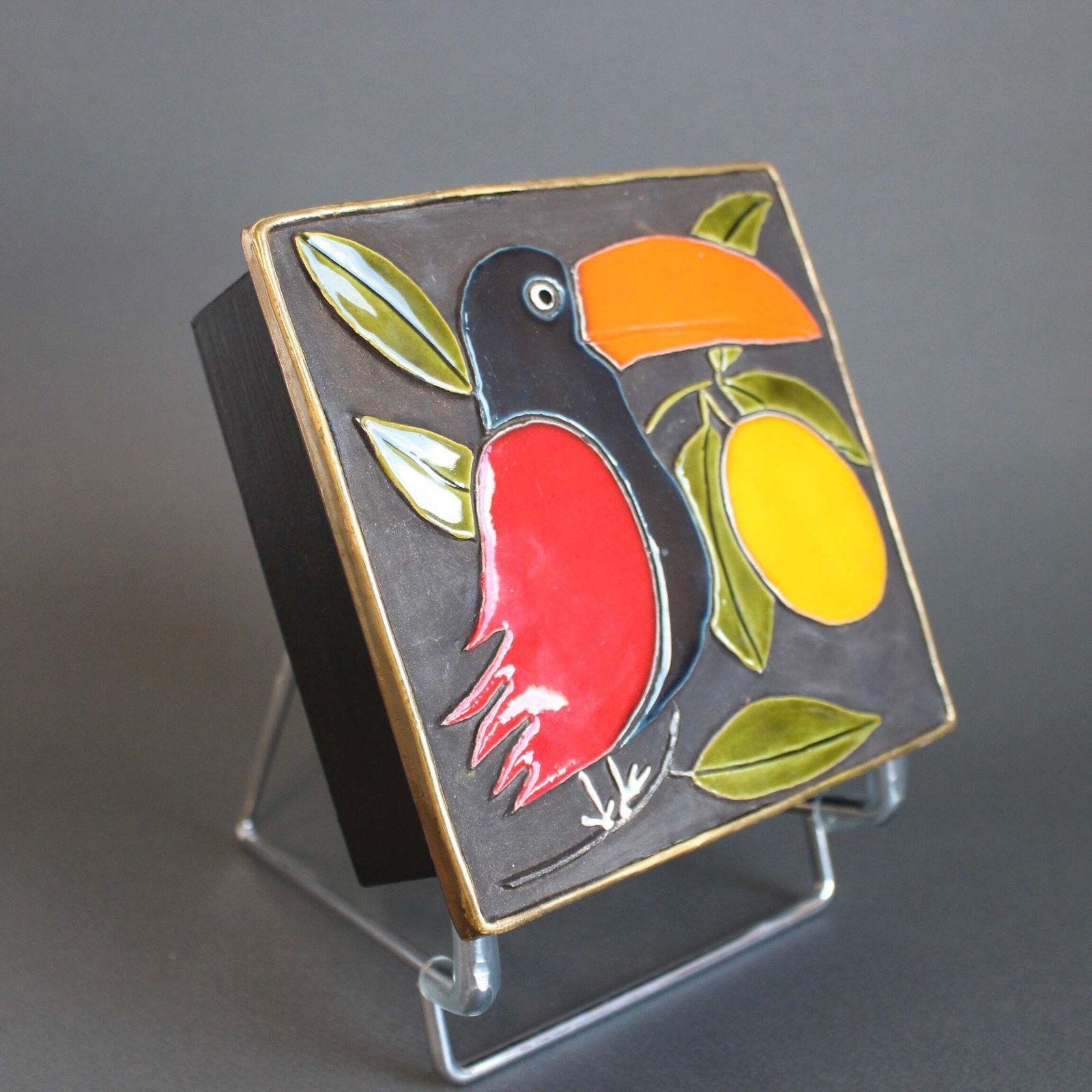 Vintage French Jewellery Box With Enamel Lid And Toucan Motif By Mithé Espelt (Circa 1960s) photo buy