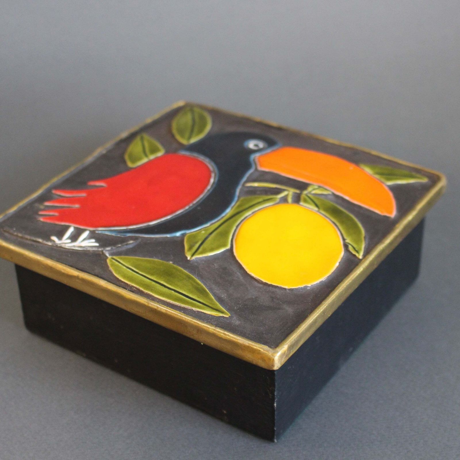 Home Decor Vintage French Jewellery Box With Enamel Lid And Toucan Motif By Mithé Espelt (Circa 1960s) photo