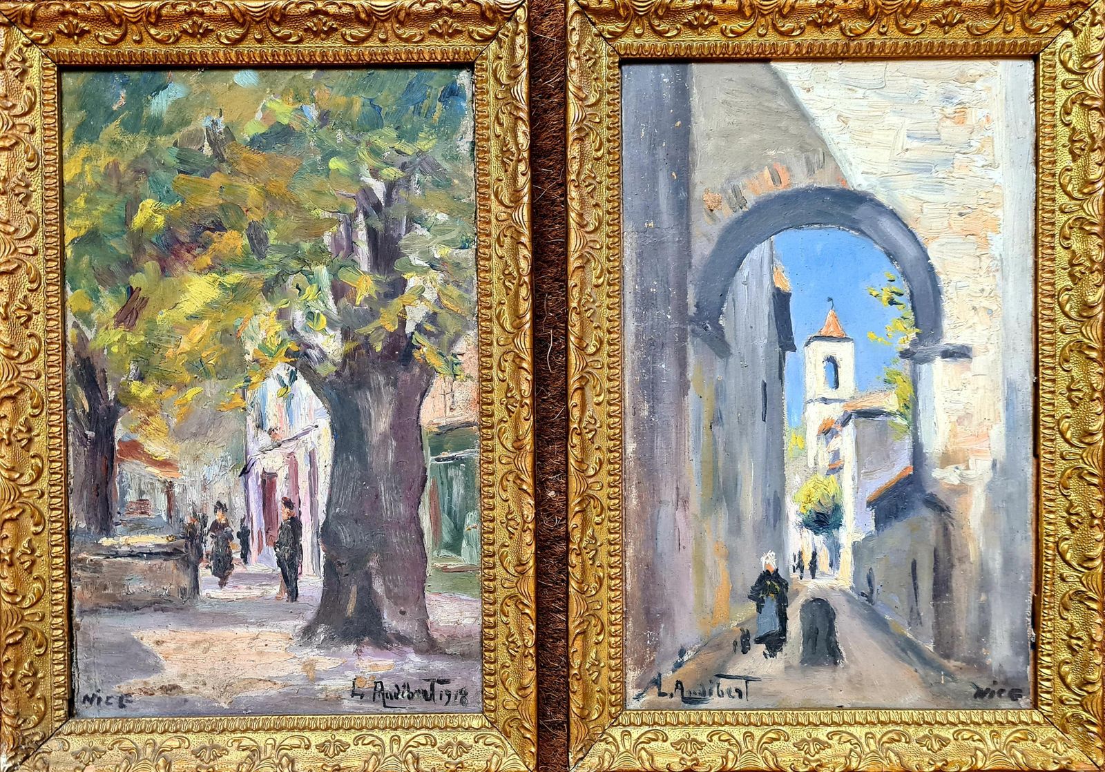 Louis Audibert A Pair Of French Impressionist, Oil On Board, Street Views Of Nice Southern France, 1918