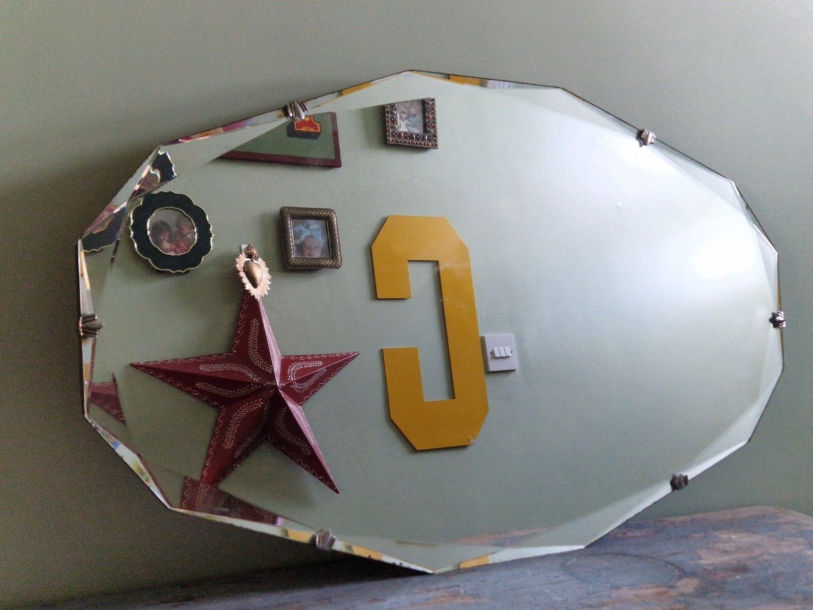 Art Deco Large Mirror Beveled Edge Faceted Clear Wooden Back With Chain 1930s photo for sale