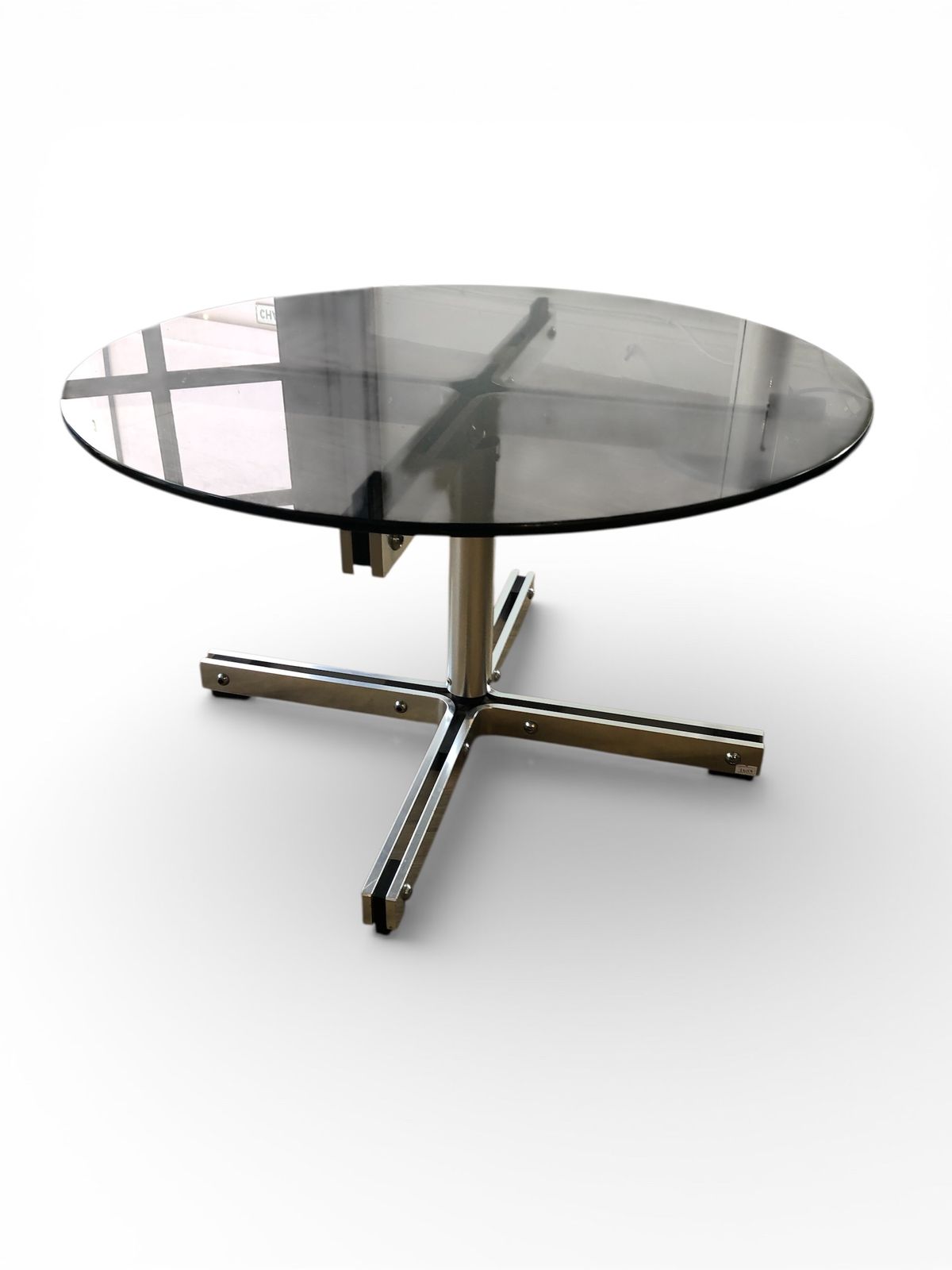William Plunkett Round Glass 'X' Coffee Table  In Satin Steel photo vinterior