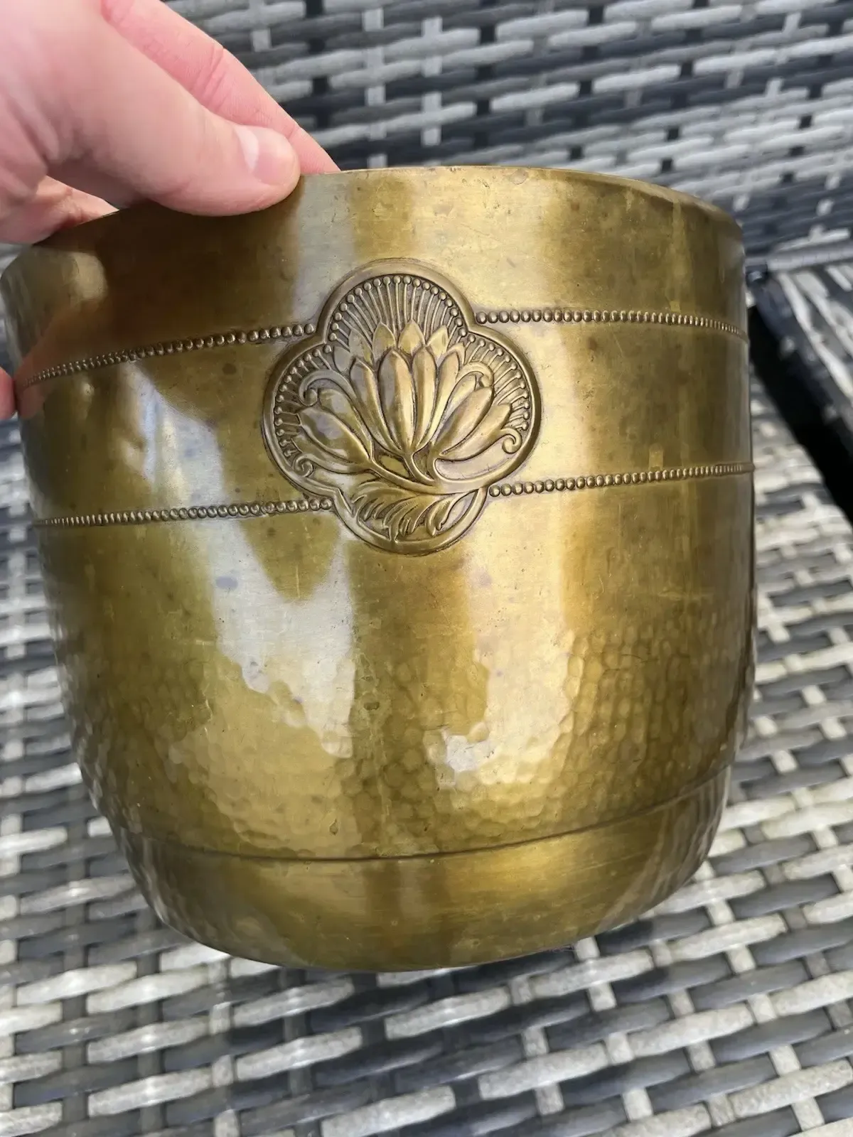 Home Decor Antique Art Nouveau Lotus Flower Planished Brass Jardiniere Planter Plant Pot photo