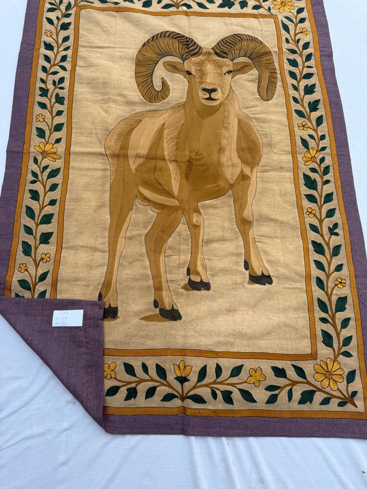 Hand Embroidered Mountain Ram Tapestry | Rare Vintage Indian Textile| Eco Friendly Vegetable Dyes photo for sale
