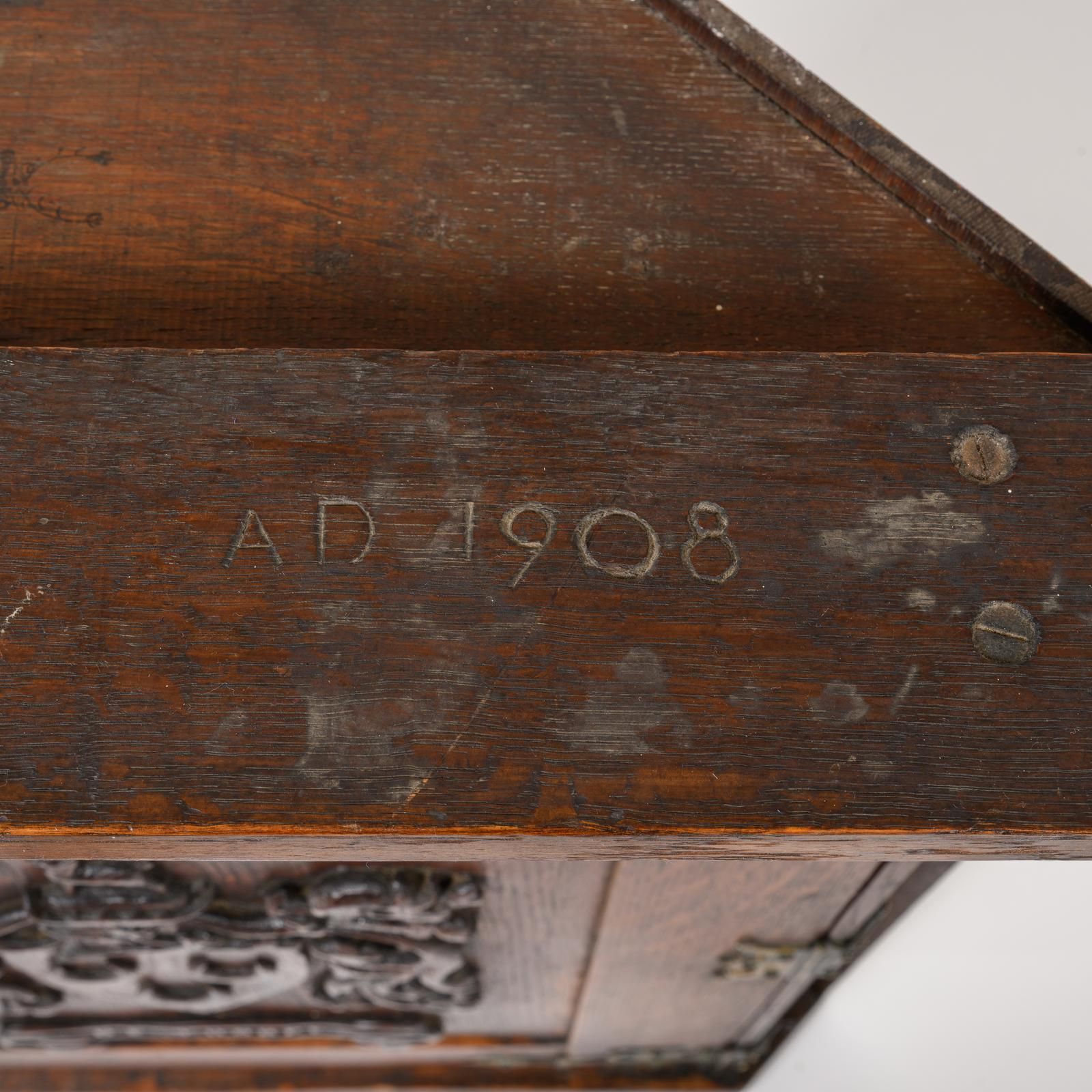 An Arts And Crafts Oak Corner Cabinet, Dated 1908, With The Crest Of The De Thorpe Family photo Furniture