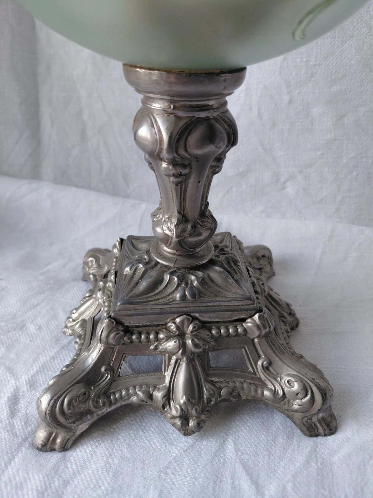Vintage French / Floral Hand Painted Glass/Cast Metal Base Oil Lamp photo furniture