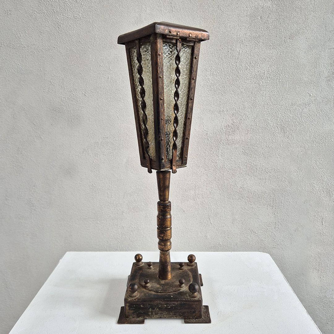 Art Nouveau Brass Table Lamp W/ Glass Shade: Belgian Mid Century Brutalist Style
