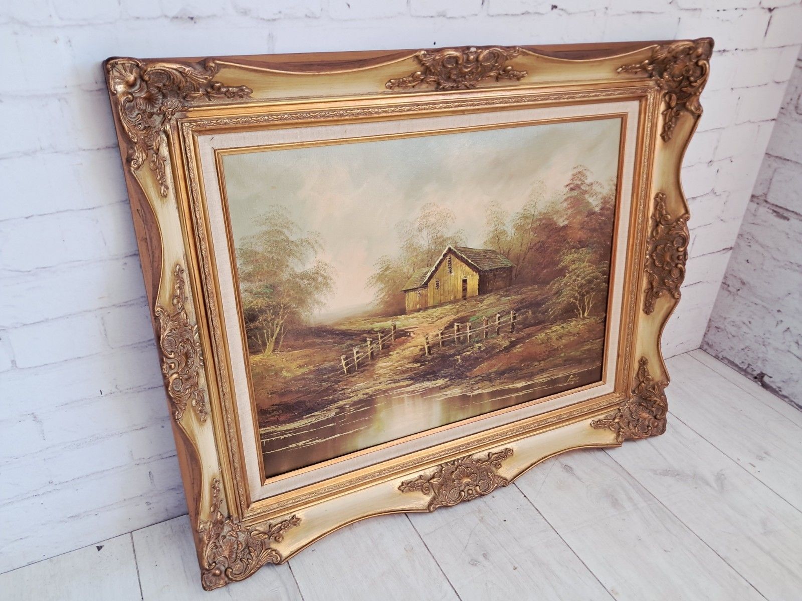Large Vintage Woodland Lake Oil Painting On Canvas Gold Frame Signed 1980's photo vinterior