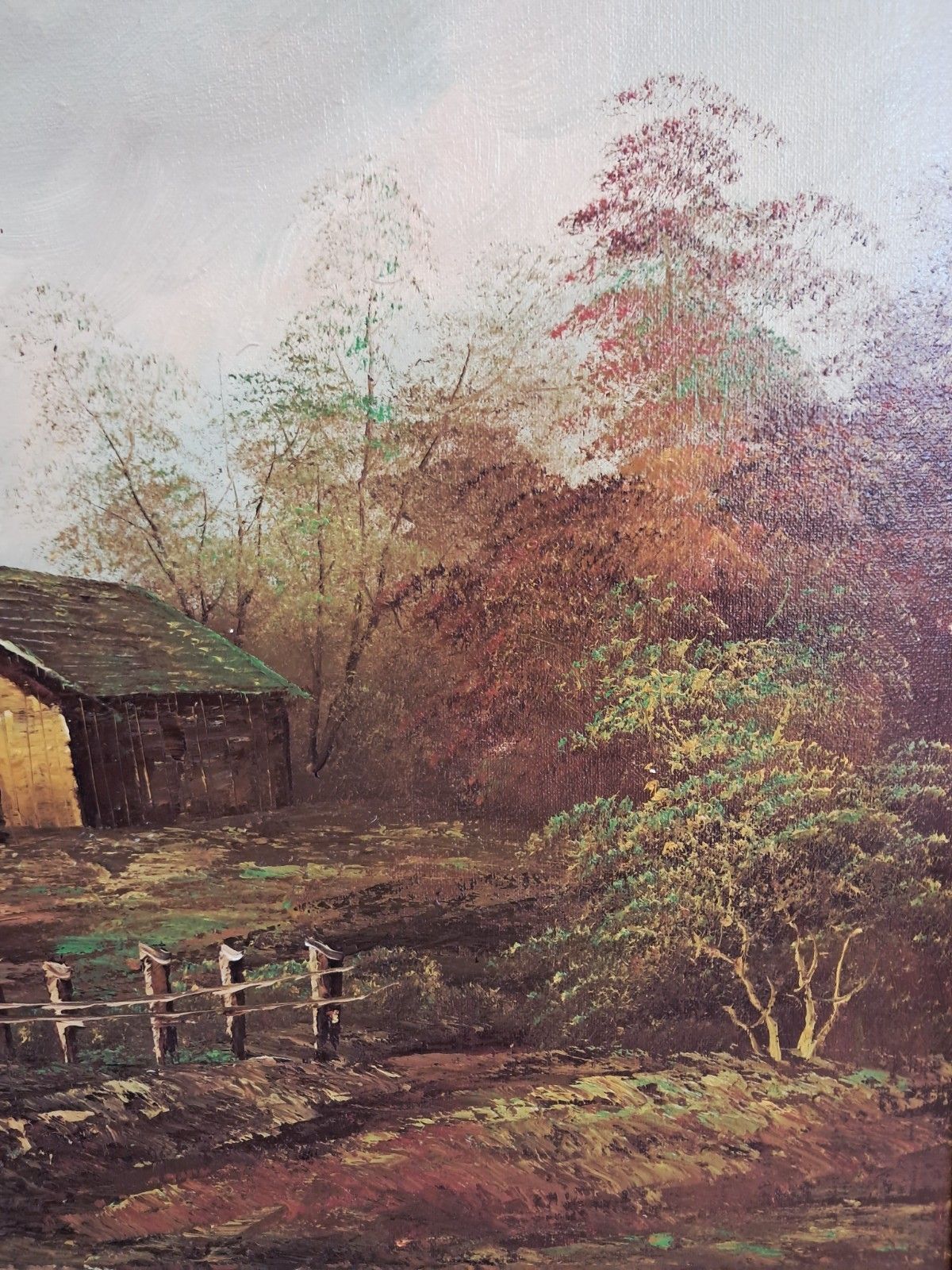 225.0 Large Vintage Woodland Lake Oil Painting On Canvas Gold Frame Signed 1980's photo