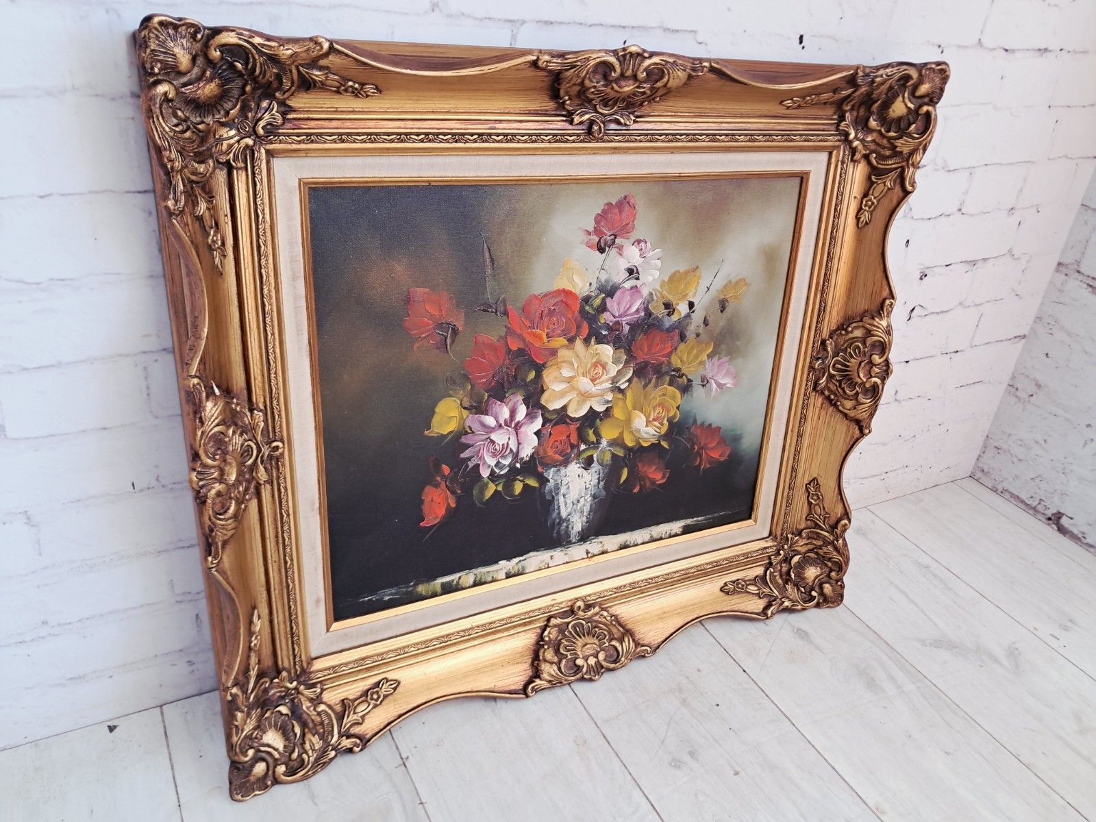 Vintage Still Life Floral Oil Painting Canvas Flowers On Table Gilt Gold Frame photo Art