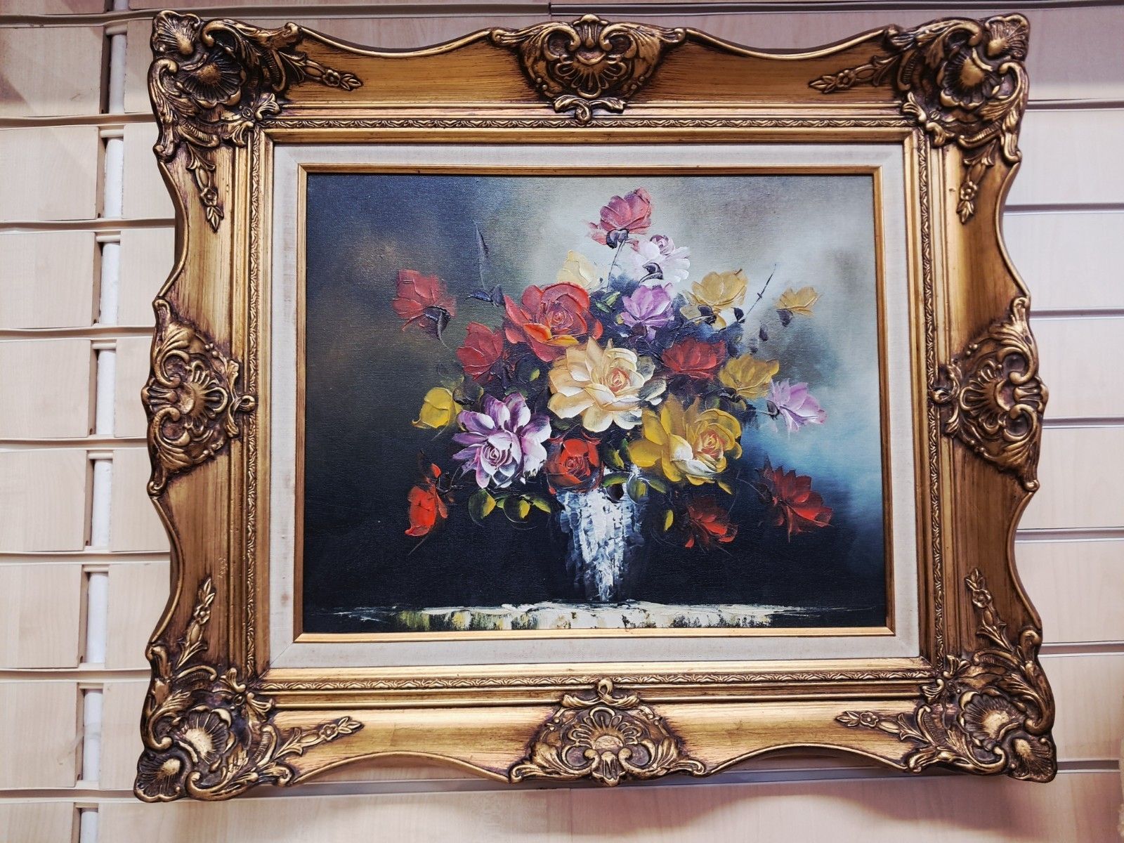 Vintage Still Life Floral Oil Painting Canvas Flowers On Table Gilt Gold Frame photo buy