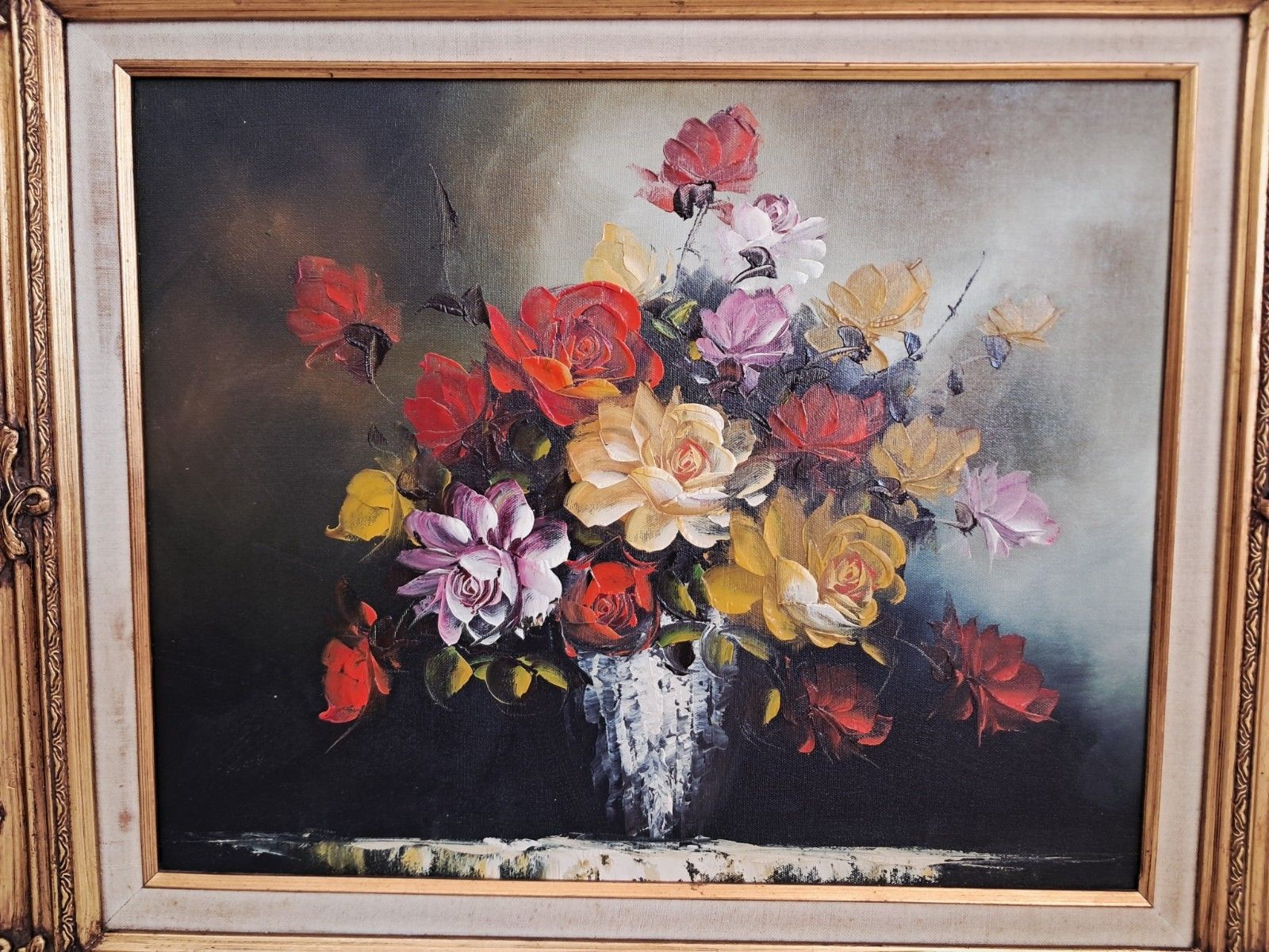 Vintage Still Life Floral Oil Painting Canvas Flowers On Table Gilt Gold Frame photo vintage