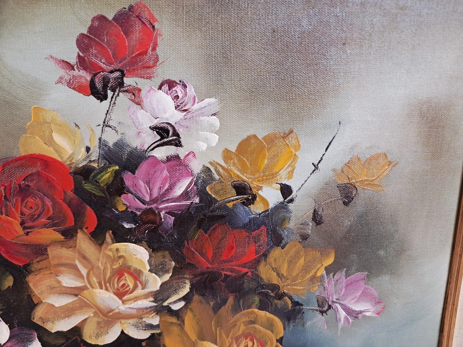 Art Vintage Still Life Floral Oil Painting Canvas Flowers On Table Gilt Gold Frame photo