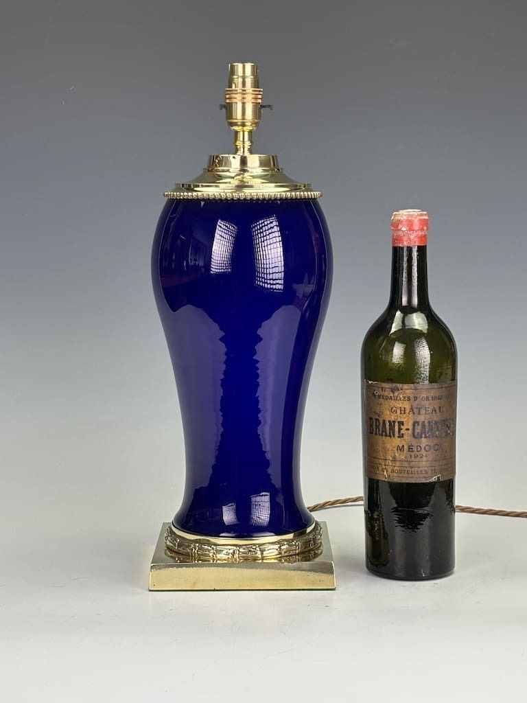 19th Century Colbot Ceramic Lamp (Converted From Oil Lamp) – Cobalt Blue & Gilded Brass photo for sale