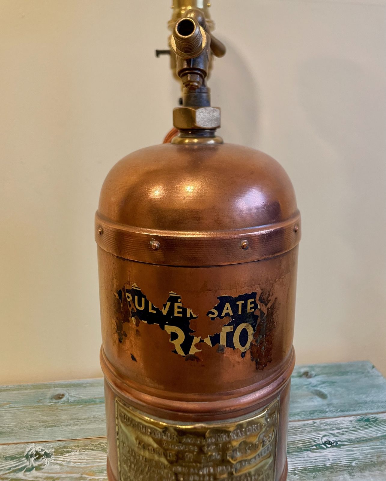 photo furniture Antique Copper & Brass French Pulverisateur Systeme Muratoriori Vine Sprayer Table Light