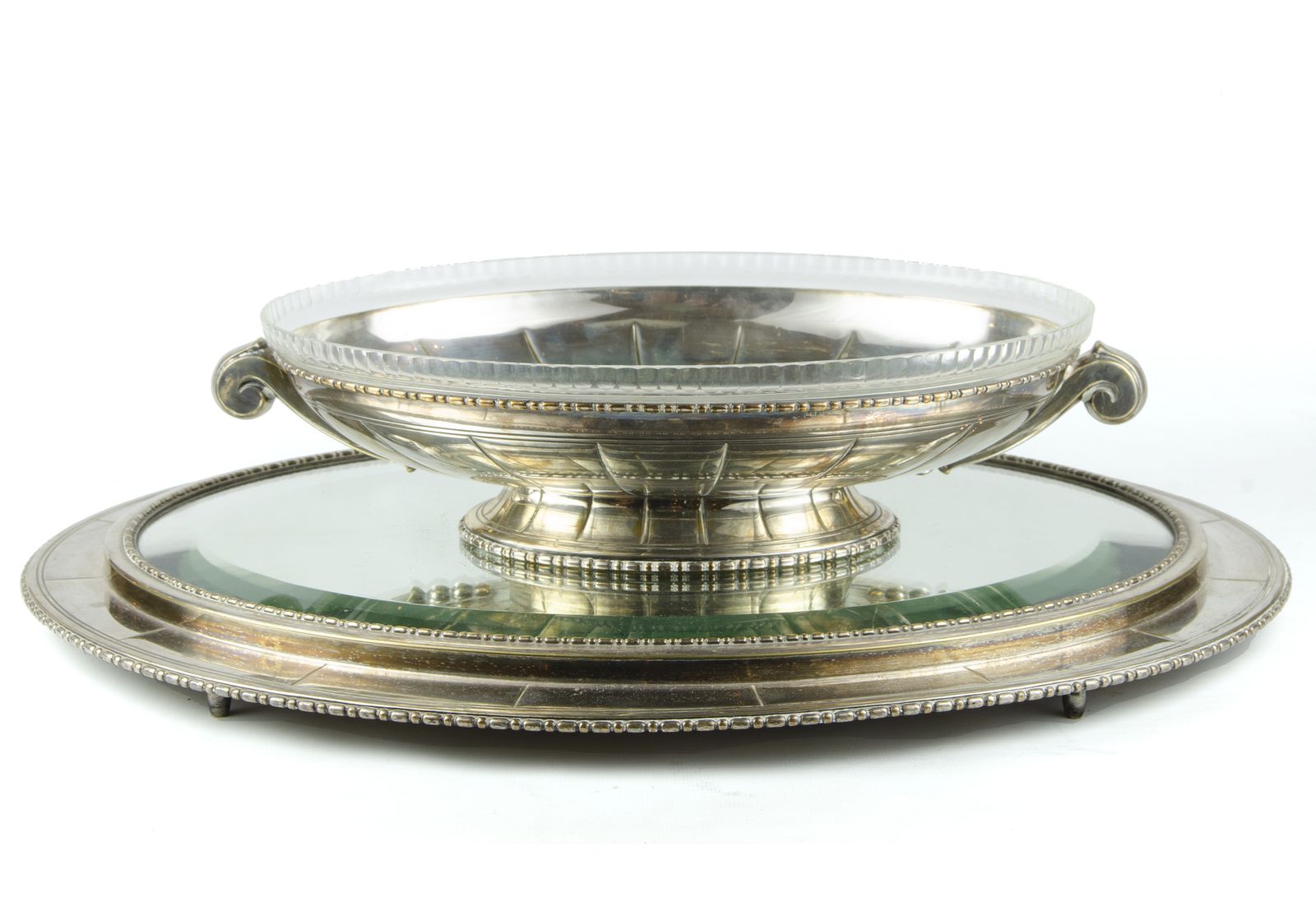 1930s Art Déco Silver Plated Metal And Glass Oval Centerpiece Bowl By Bafico, France