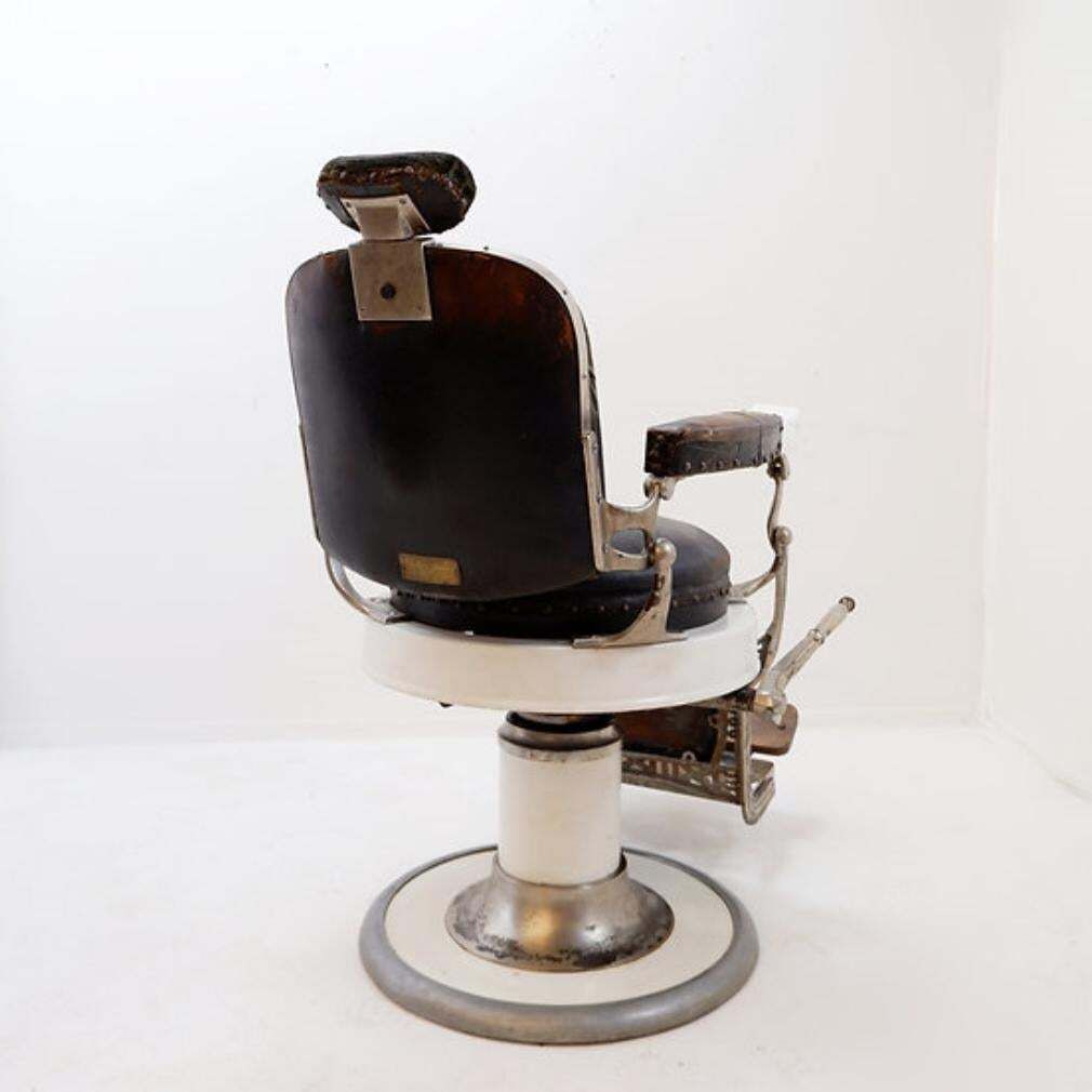 Koken Original Brown Leather & White Enameled Cast Iron Barber Chair, Circa 1918 photo furniture