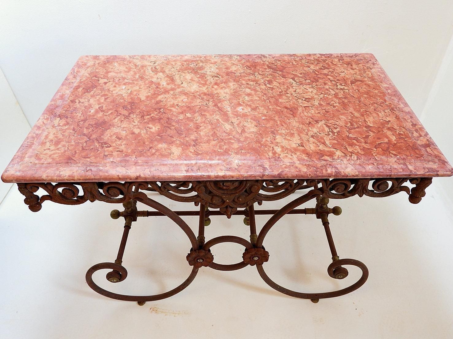 Large 19th French Butcher's Table In Wrought Iron And Red Marble photo buy