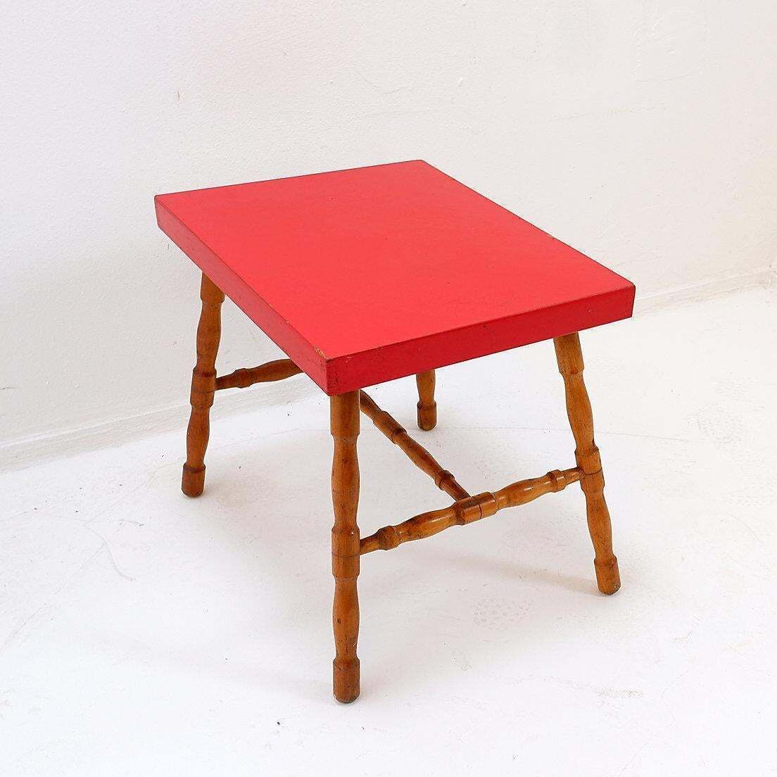 Small Side Table With Turned Legs And Red Top   Josco, Made In Belgium   1950s photo Furniture