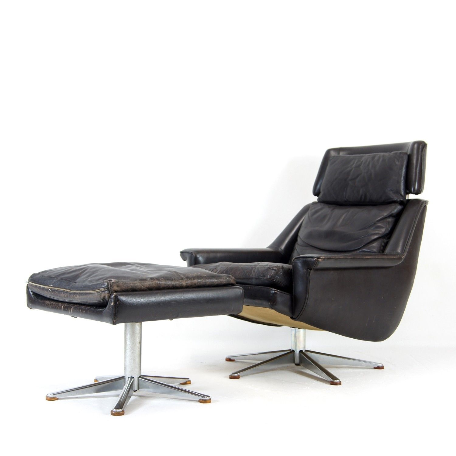 Retro Vintage Danish Werner Langenfeld Esa Leather Swivel Chair + Stool 60s 70s