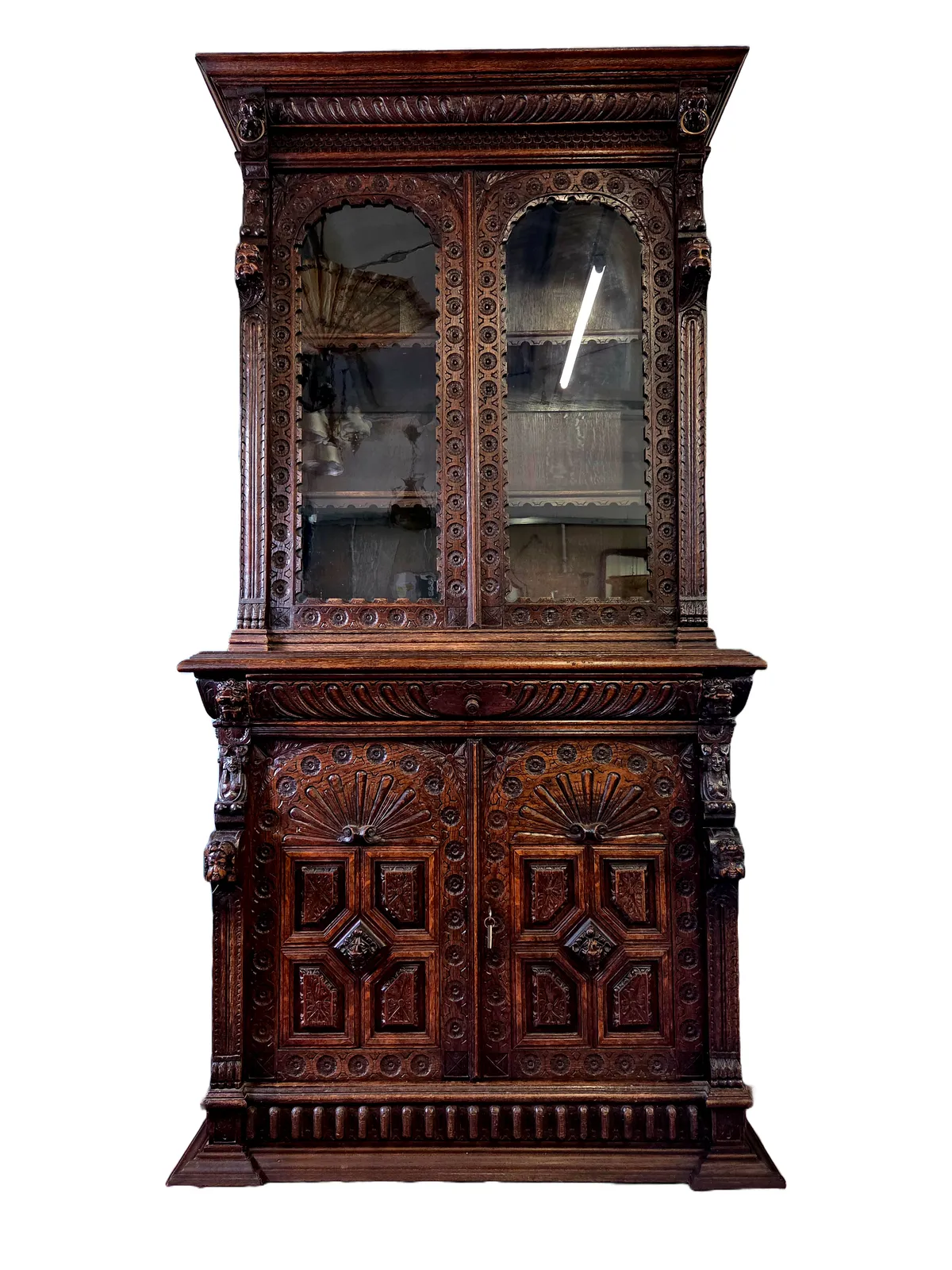 Large 19th Century Dutch Neo Renaissance Carved Oak Library Cabinet Bookcase C.1880