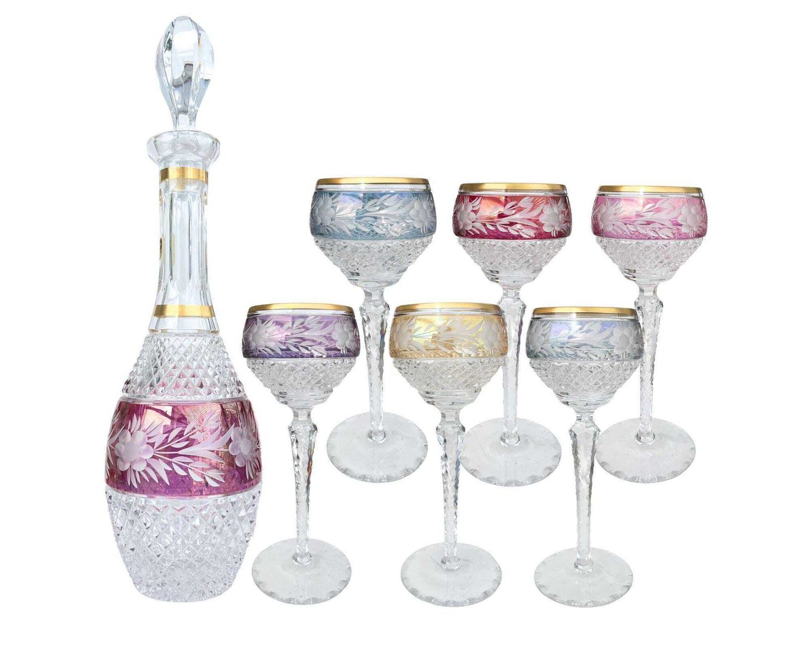 Bohemian Crystal Decanter | Set 7pc | Iridescent Pearl Luster