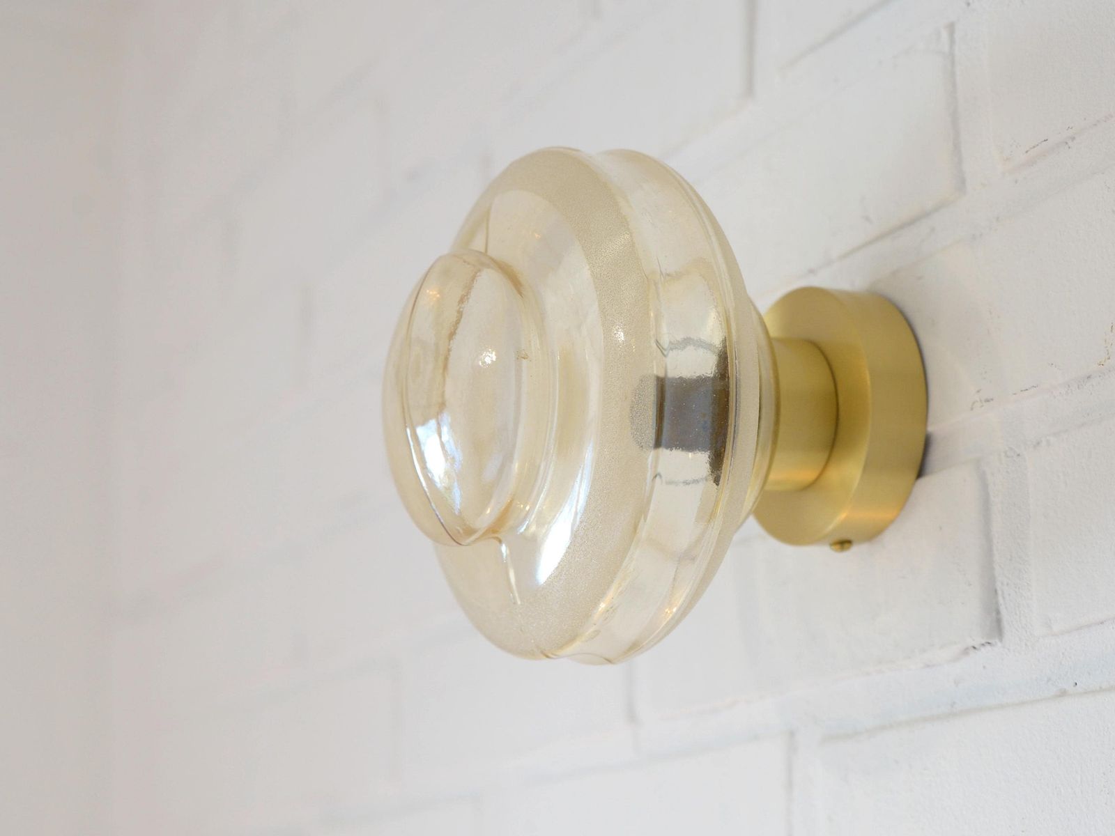 Set Of 2 Vintage Amber Glass Sconces   Mid Century Modern Brass Flush Mount Lights photo Lighting