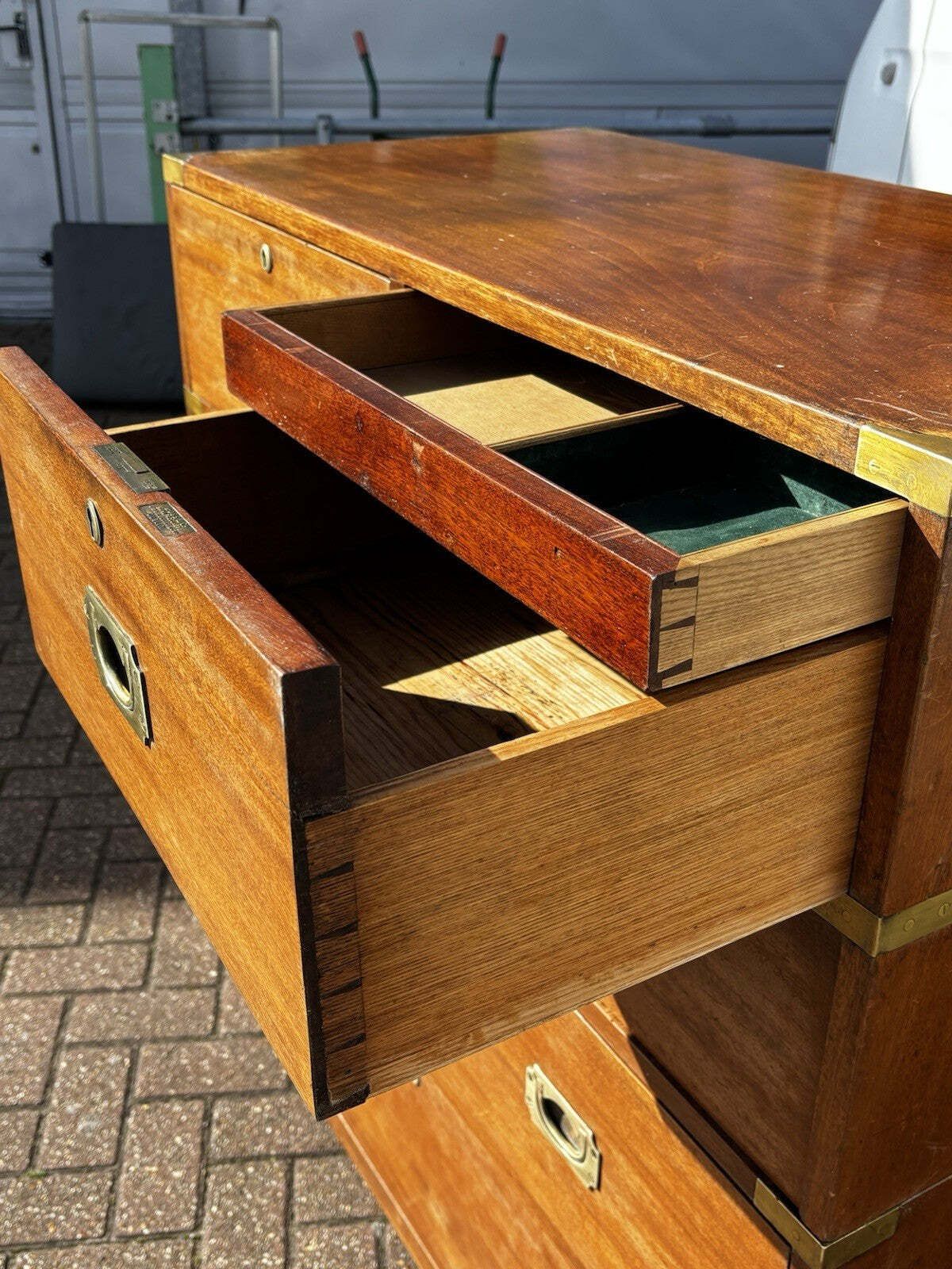 photo for sale Brass Bound Mahogany Campaign Chest, Stamped Ross & Co, Dublin, Superb Quality.