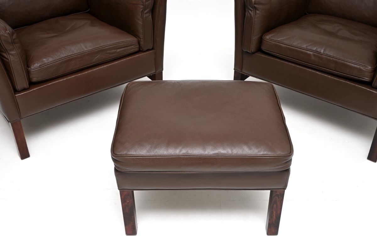 Pair Of Danish Vintage Leather Armchairs With Stool By Georg Thams For Grant Mobelfabrik photo vinterior