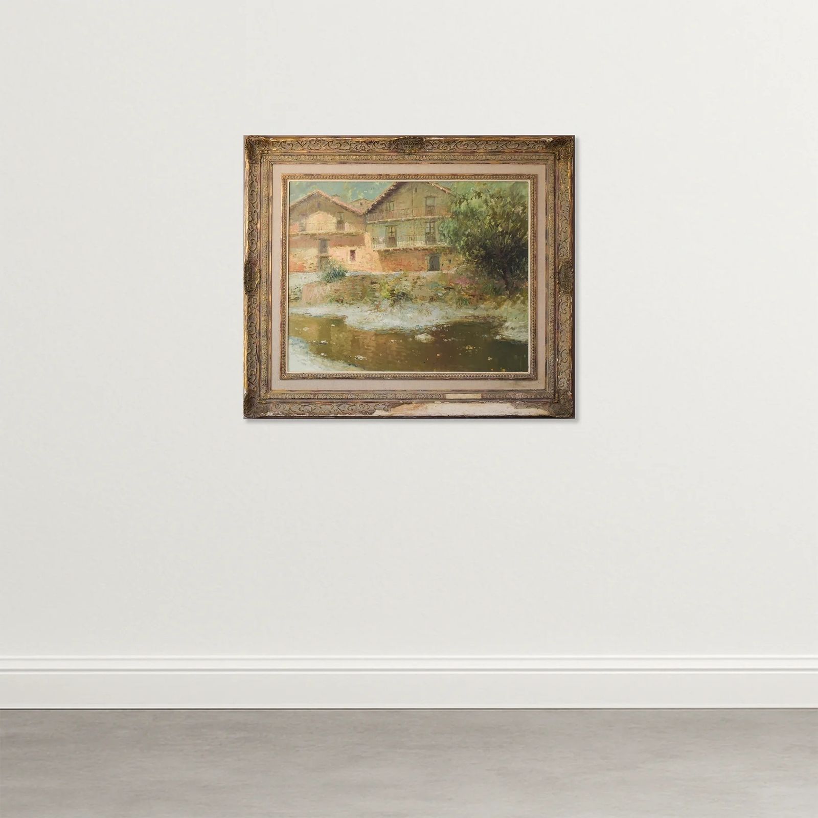 Joan Ramon Palau Junca – Impressionistisch Schilderij Met Rivier En Chalets photo furniture