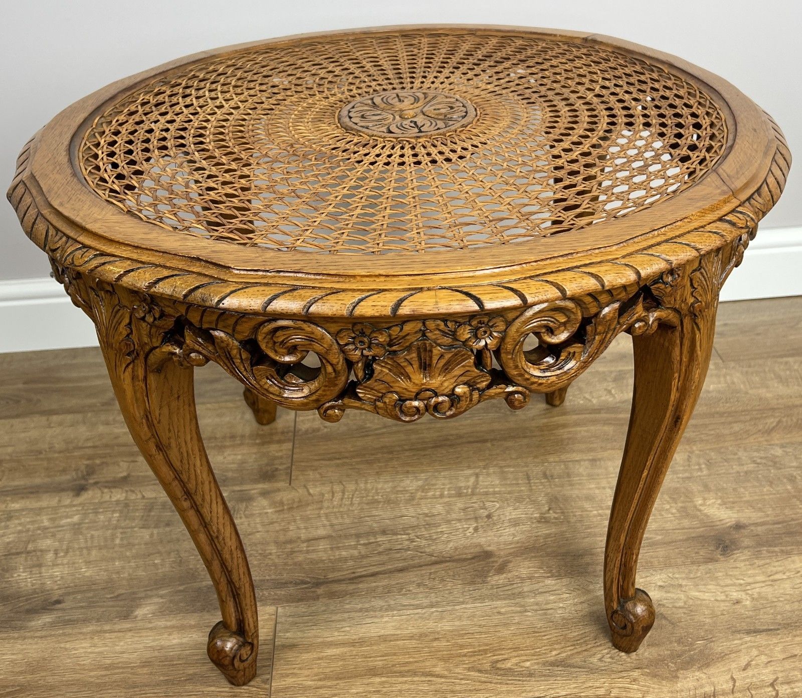 299.0 Coffee Table Vintage French Louis Style Oak Carved Cane Top Side Table Lot 4865 photo
