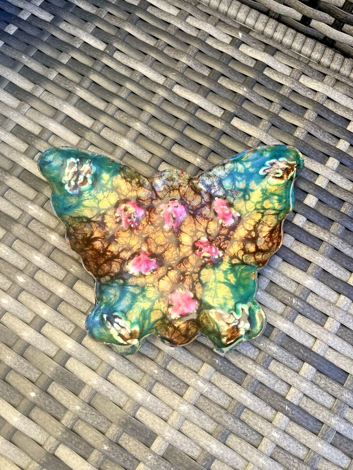 Vintage Brutalist 60's Copper Pink Cabochon Butterfly Enamel Trinket Pin Dish photo furniture