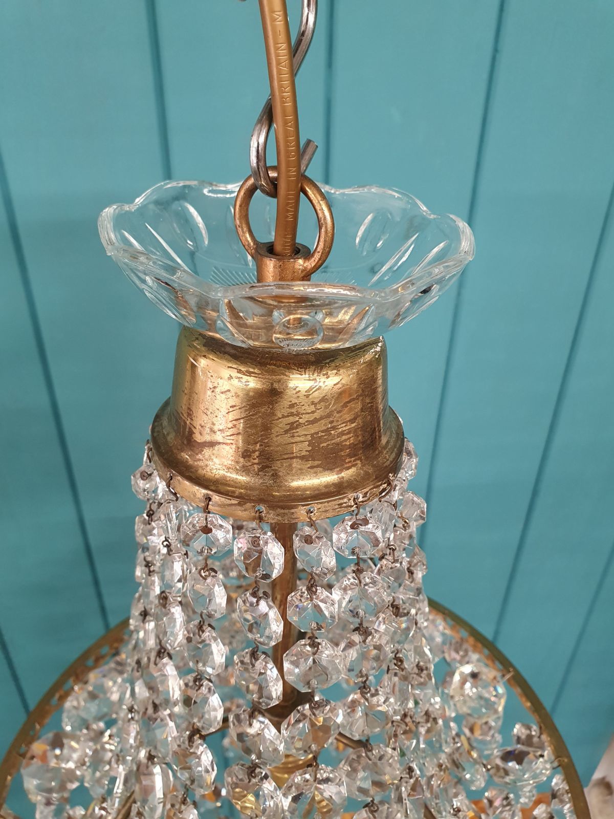 Antique Glass And Brass Bag Tent Chandelier 12" photo Lighting