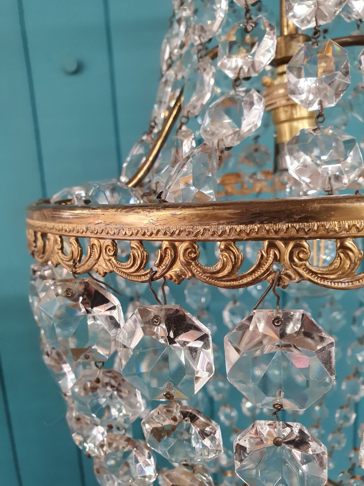 Antique Glass And Brass Bag Tent Chandelier 12" photo vinterior