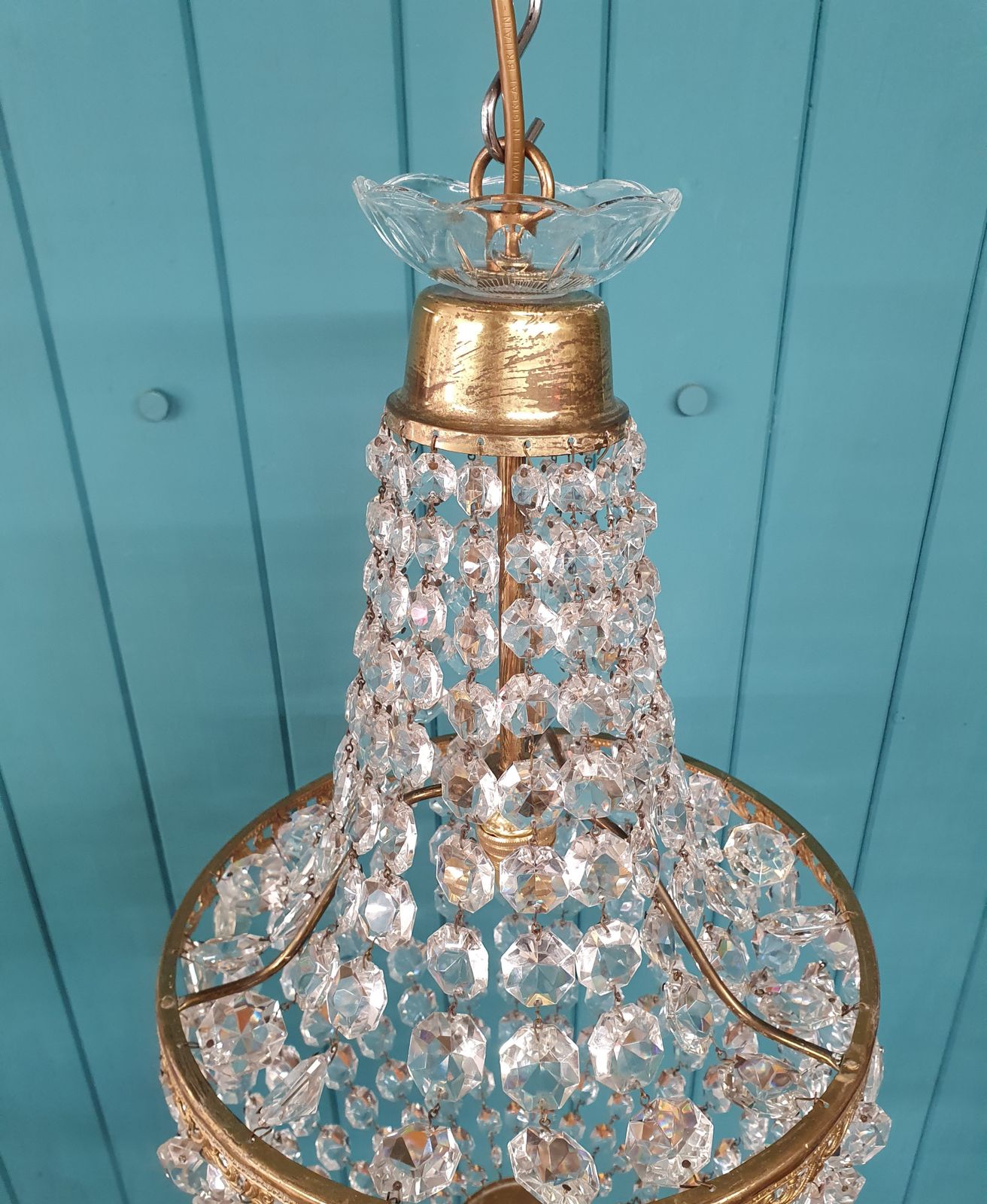 Antique Glass And Brass Bag Tent Chandelier 12" photo buy