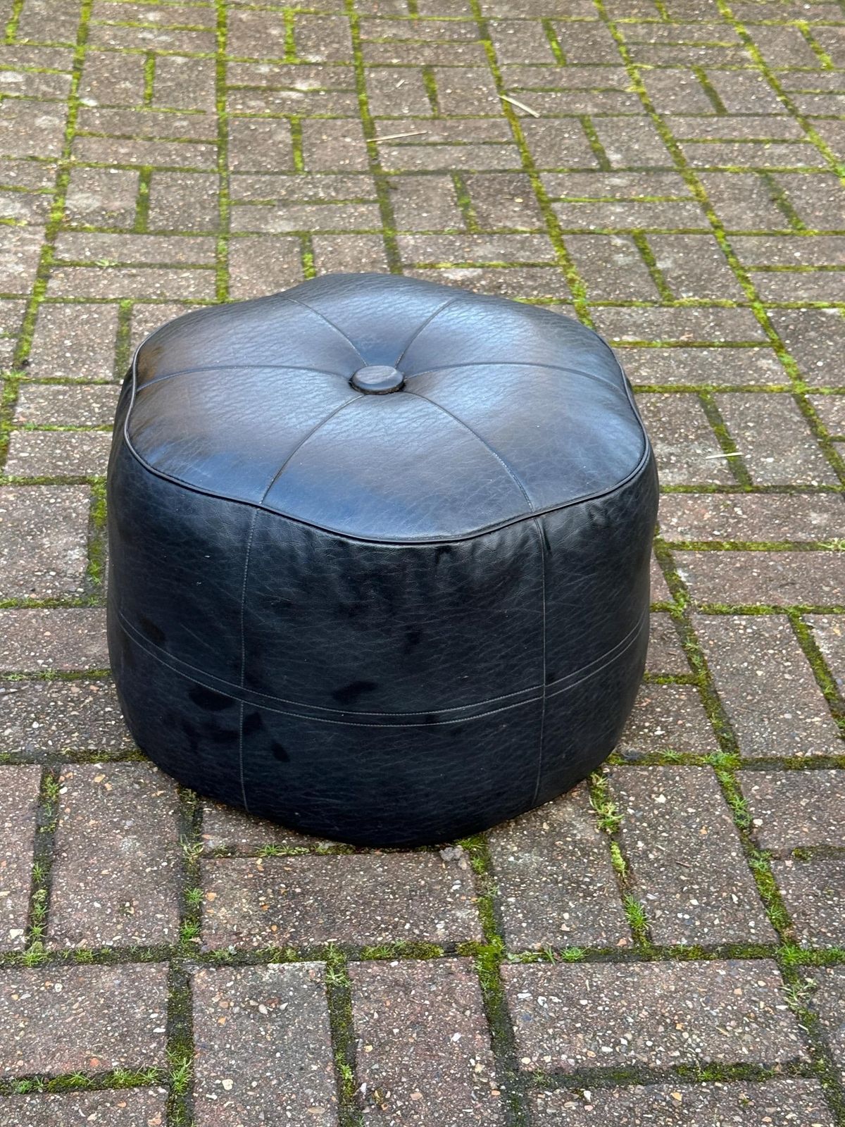 155.0 Rare Flower Shaped Vintage Sherborne Leatherette Pouffe Footstool Black Mid Century Ottoman Lounge Accent Stool photo