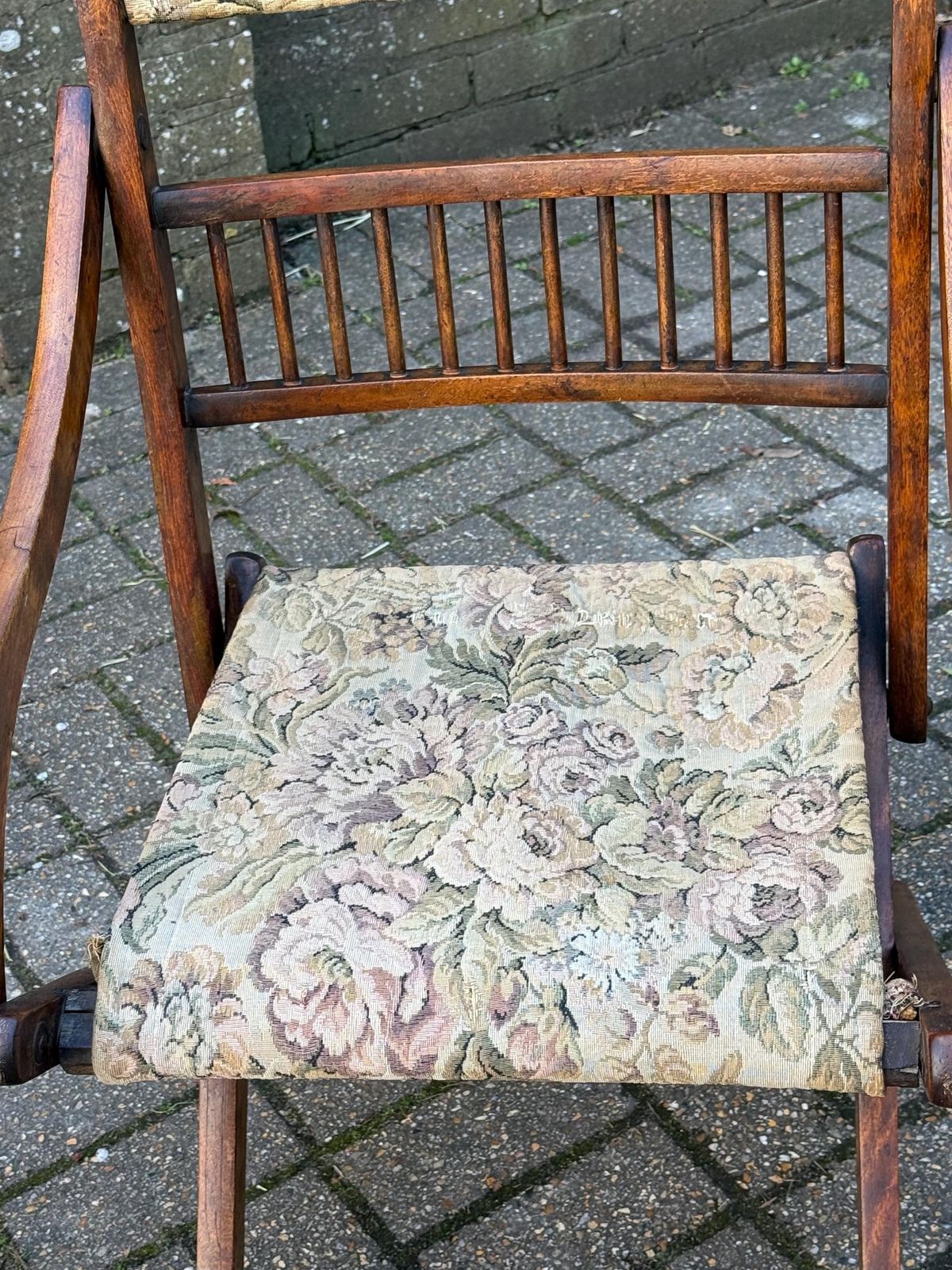 photo for sale Antique Edwardian Folding Campaign Armchair With Floral Upholstery, Camping Chair Antique