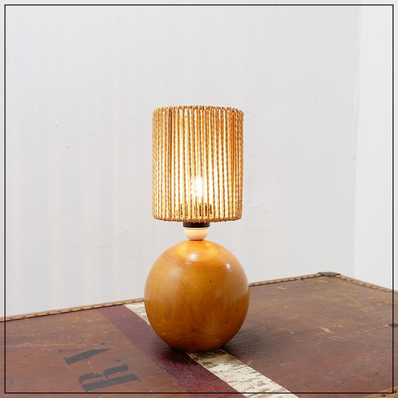 photo furniture Vintage Bohemian Bedside Or Table Lamp In Wood & Rope   1970s